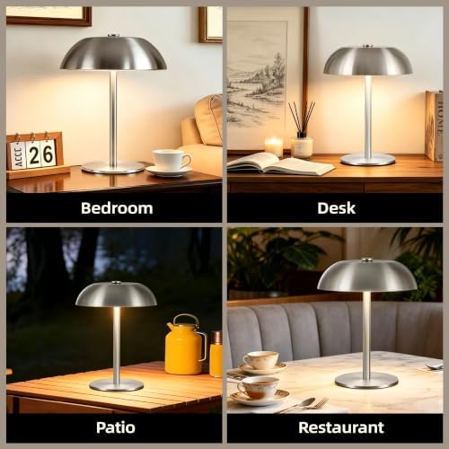 2 Pack Portable LED Mushroom Table Lamp, 12H Cordless Metal Night Light with Rechargeable Battery, Stepless Dimmable 3 Colors Desk Lamp for Bedroom Bar Coffee Shop(Brushed Silver)