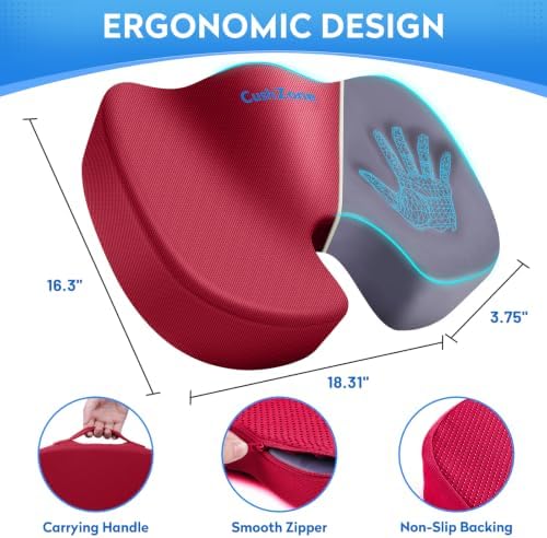 CushZone XL Memory Foam Seat Cushion for Office, Car & Wheelchair, Red
