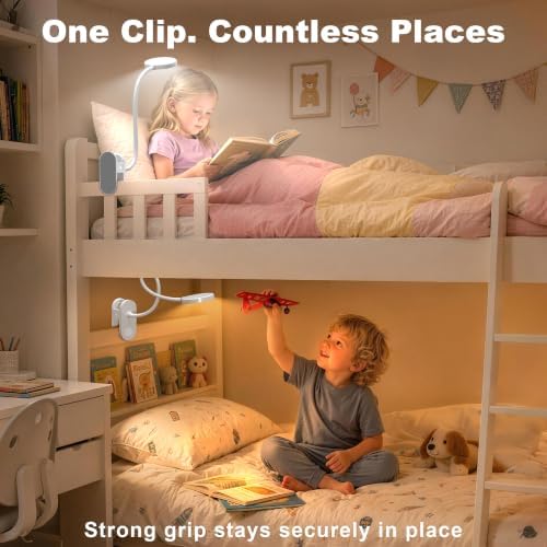 Cordless Reading Lamp with Clamp, 3.5'' Rechargeable LED Clip Light for Bunk Bed Headboard Home Office Desk, Flexible and Dimmable Book Light with 3 Color Temperatures & 10 Brightness (White/3.5'')