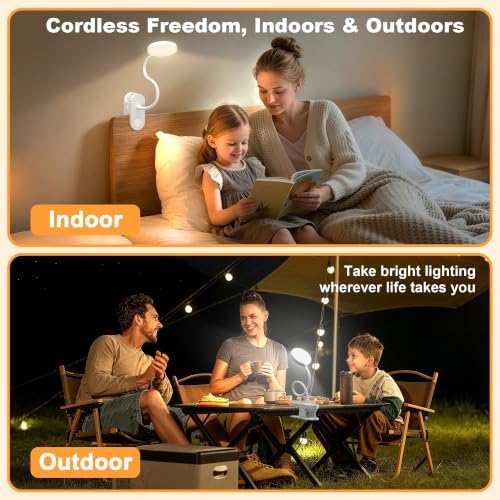 Cordless Reading Lamp with Clamp, 3.5'' Rechargeable LED Clip Light for Bunk Bed Headboard Home Office Desk, Flexible and Dimmable Book Light with 3 Color Temperatures & 10 Brightness (White/3.5'')