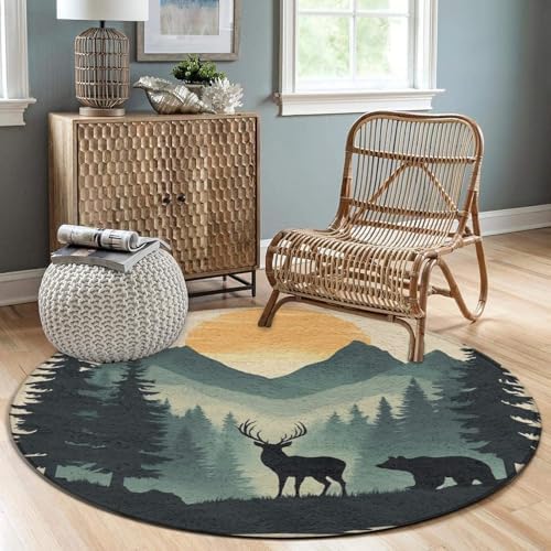 Circular Rugs Large Modern Round Area Rug Fashion Decor Mat for Home Office Sunset Country Rustic Farmhouse Deer Bear