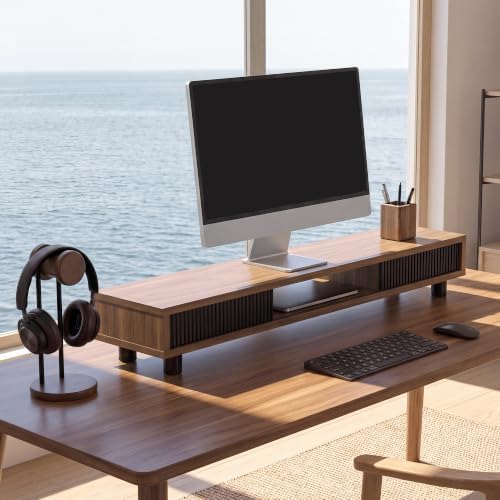 Fenge Dual Monitor Stand with Storage, Desk Shelf with Glass Sliding Door