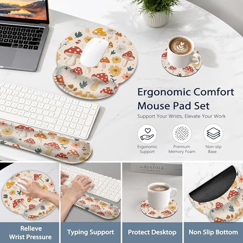 Ergonomic Memory Foam Wrist Rest Set for Keyboard and Mouse,Cute Mushroom Flower Supportive Mouse Pad with Non Slip Base for Office Work and Gaming