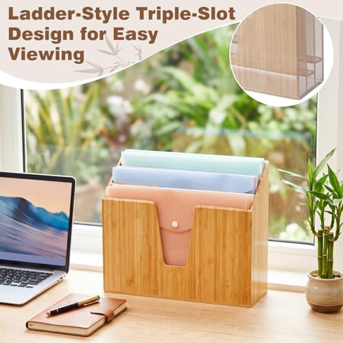 Suzile Bamboo Wall Mounted File Folder Holder Organizer, 3-tier Vertical File Organizer Wooden Sorter Rack for Office, Home, Desktop, Desk Letter Mail Document Storage, 13" x 4.5" x 11.5"