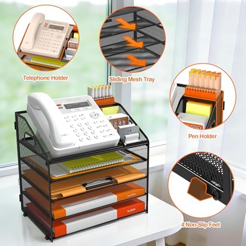 DocNest 5 Tier Metal Mesh Desk File Organizer with Phone Shelf, Black