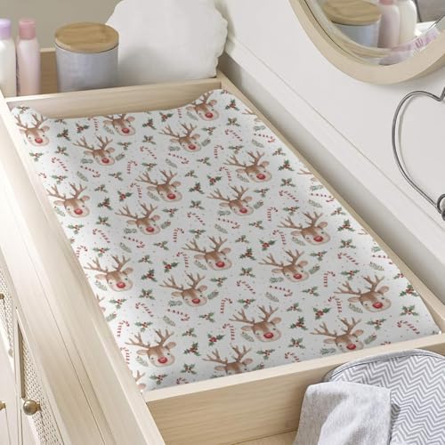 Watercolor Christmas Reindeer Winter Holiday Leaves Pattern Baby Changing Pad Cover, Unisex Christmas Nursery Diaper Changing Table Pad Mat Sheet for Boys Girls-16x32