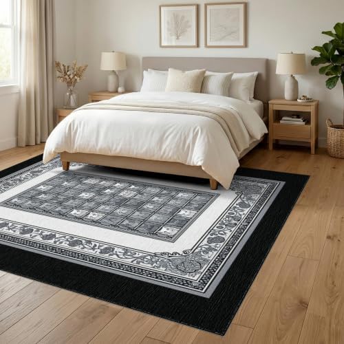 6'x9' Charcoal Gray Cat Motif with Vine Border Washable Area Rug