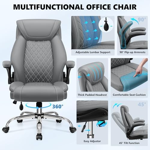 BestGlory Executive Office Chair with Lumbar Support, Big and Tall Ergonomic Computer Desk Chair, Leather Comfy High Back Gaming Chair with Flip Up Arms & Rocking Function for Home Office, Gray