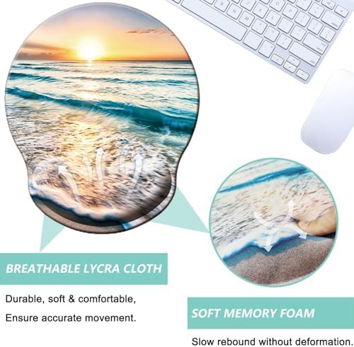 Mouse Pad with Wrist Support, Ergonomic Mouse Pad with Memory Foam Wrist Rest Cushion, Non-Slip Rubber Base Gaming Mice Pad for Home Office Computer Laptop, Beach