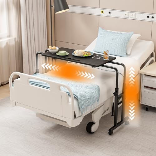 LINGMI Recliner Table, Overbed Table with Wheels Adjustable Height and Length Over Bed Desk, Hospital Heavy Duty Metal Leg Laptop Stand Tray