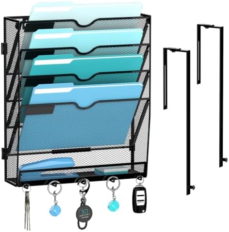 5 Tier Wall File Organizer, Metal Holder with Bottom Hooks