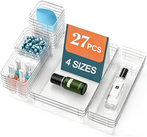 27 Pack Clear Plastic Drawer Organizer Set - 4 Sizes Makeup Vanity Organizer Chest of Drawers Storage Stackable Organizers Bins Divider Box for kitchens, Bedrooms, Bathrooms, Offices, Junk, Gadgets