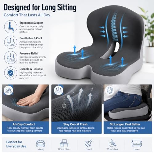 Orthopedic Seat Cushion – L-Shaped Lumbar Support Memory Foam Comfort for Long Sitting, Ergonomic Support for Office Chair, Wheelchair, Car & Travel (Black,1)