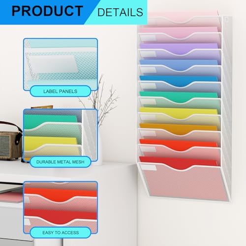 10 Pockets Hanging Wall File Organizer Mail Holder, Wall Mounted Paper Document Folder Holder, Clipboard Storage Organization Magazine Rack, White