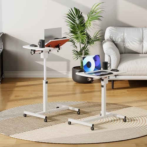 Athena Collection Adjustable Standing Desk with Wheels Overbed Table, White