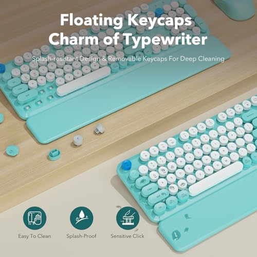 Wireless Keyboard and Mouse Combo, Round Keycap, Magnetic Wrist Rest, Blue