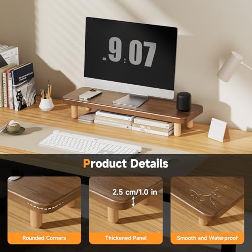 Monitor Stand Riser, 24 Inch Wood Desk Organizer with Monitor Stand & Storage Computer Monitor and Laptop Riser Multifunctional Laptop Stand Desk Organizer for Office Home Screen/Laptop/PC (Walnut)