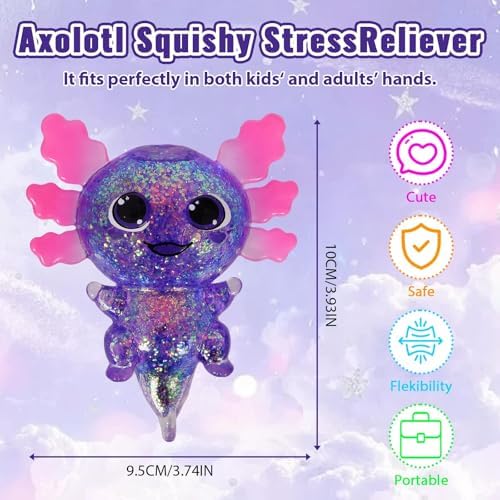 Axolotl Squishy Toy, Cute Slow Rising Fidget Toy for Stress Relief, Soft Squeeze Sensory Toy for Kids and Adults, Handheld Stress Ball for Anxiety and Focus Big Ears Axolotl(Purple)
