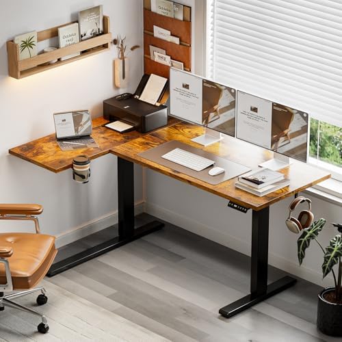 Muvai 59" L Shaped Standing Desk with Cable Tray, Reversible, Rustic Brown