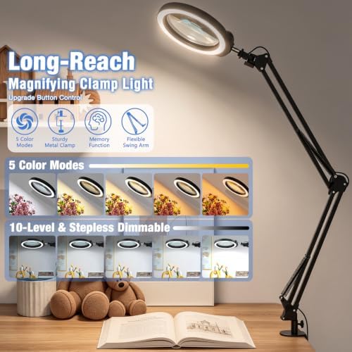 30X 12X Large Magnifying Glass with Light and Clamp, 5-Inch Optical HD Lens