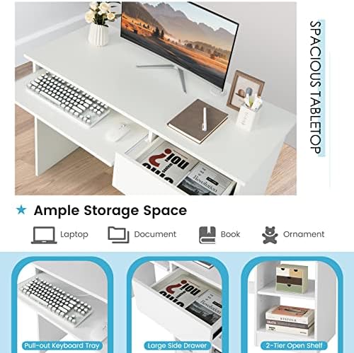 Computer Desk with Keyboard Tray and Drawer, Home Office Desk with Adjustable Shelves & Cable Hole, Modern Vanity Table for Bedroom, Teens Gaming Desk, Writing Study Workstation (White)