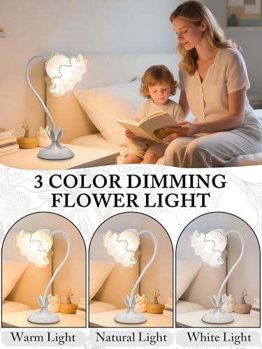 Flower Table Lamp, LED Reading Light Vintage Night light (White Pearls)