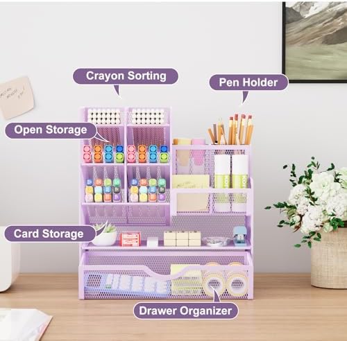 Marbrasse Mesh Pen Holder for Desk, Multi-Functional Pencil Organizer with Drawer, Desk Organizers and Accessories for Office Art Supplies (Purple)