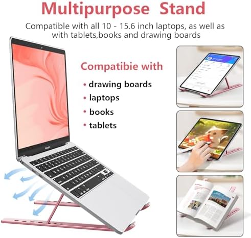 Laptop Stand for Desk, Aluminum Metal MacBook Stand，Computer Riser for Desk, Portable Foldable Adjustable Notebook Holder, Compatible with 10-15.6 Inch Laptops, iPad, Rose Gold.