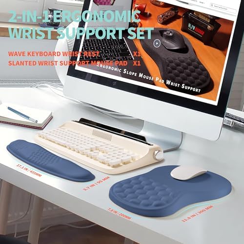 2-in-1 Ergonomic Set, Wave Rise Keyboard Wrist Rest and Massage Bulge Slope Mouse Pad Wrist Support, Cushion Memory Foam Integrated to Relieve Wrist Pain, Dark Blue