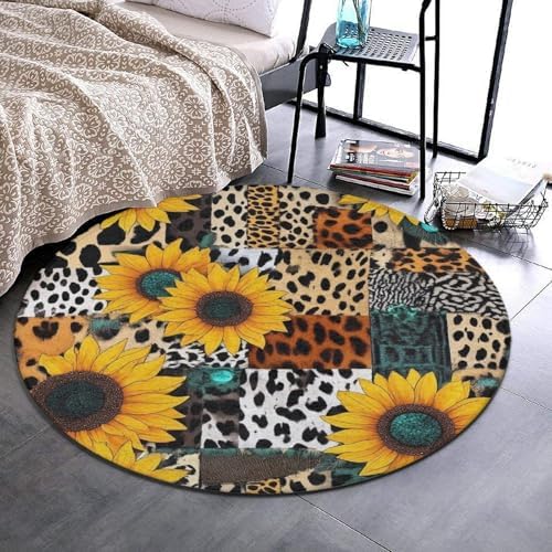 Machine Washable Modern Round Area Rug, Room Sofa Yoga Soft Round Carpet, Home Decor Non Slip Kitchen Office Circle Rug Retro Sunflowers Animal Leopard Print Art, 24inch