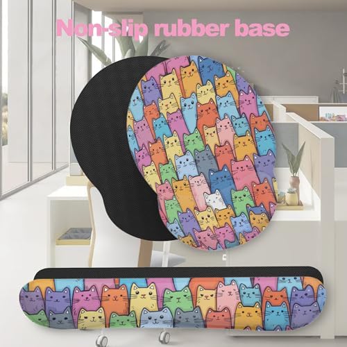 Cute Cat Mouse Pad with Wrist Rest Set, 3-in-1 Wrist Support Mousepad Set, Gaming Mat Pad with Anti-Skid Base,Ergonomic Memory Foam Mouse Pad Set for Women, Office, Typing, Gaming