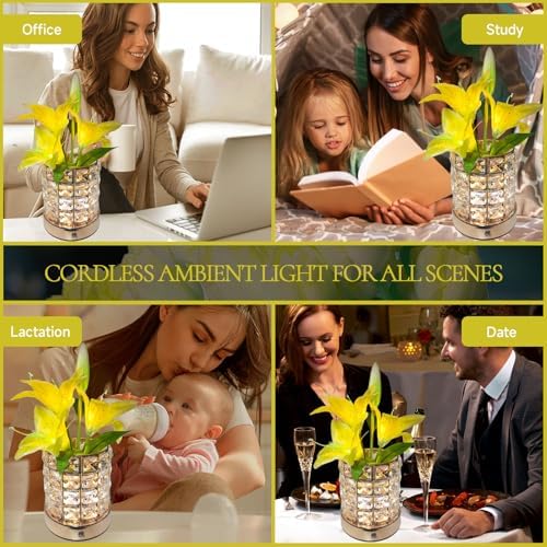 Lily Flower Lamps, Rechargeable Cordless Small Desk Lamp, 3 Colors Dimmable Artificial Flowers Night Light, Fake Bouquet 3 Lilies with Crystal Vase for Home Date Party Decoration (Yellow - Lily)
