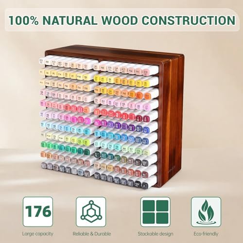 walowalo Acacia Wood Marker Organizer with 22 Compartments Holds 176 Markers, Alcohol Marker Storage Desk Organizer Pen Holder for Office Home Classroom Artists Kids Birthday Gift