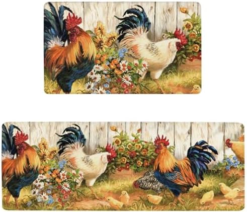 Rooster Kitchen Rugs and Mats Set of 2, 17.3"x47"+17.3"x29"