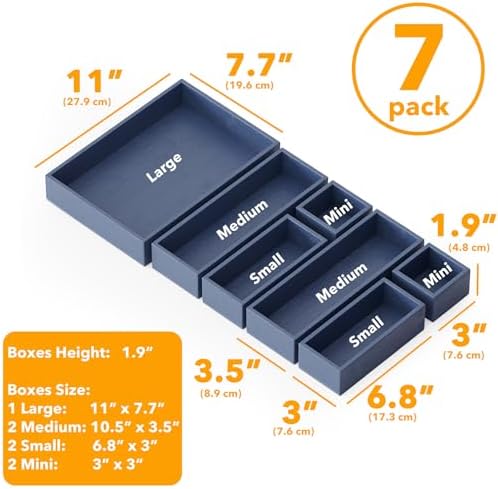 SpaceAid 7-Piece Bamboo Drawer Organizer Storage Boxes Set, Wood Tray Junk Drawer Organizers Multi-Use Divider Bins for Kitchen, Bathroom, Office Desk and Makeup Organization (7 Pack, Navy Blue)