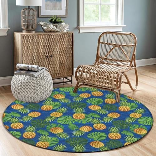 Large Home Decor Mat, Soft Round Yoga Carpet, Non Slip Machine Washable Kitchen Office Circle Rug Tropical Banana Palm Leaves Pineapples, 60inch