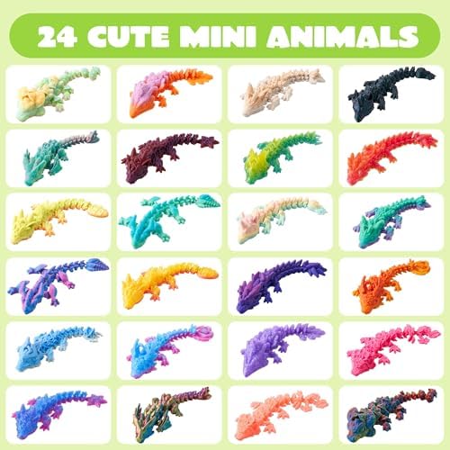 JOYIN 24 Pcs 3D Printed Articulated Mini Dragons, Flexible Crystal Dragon Fidget Toy Set, 3D Printed Animals for Party Favors, Classroom Prizes, Goodie Bag Fillers & Desk Decor