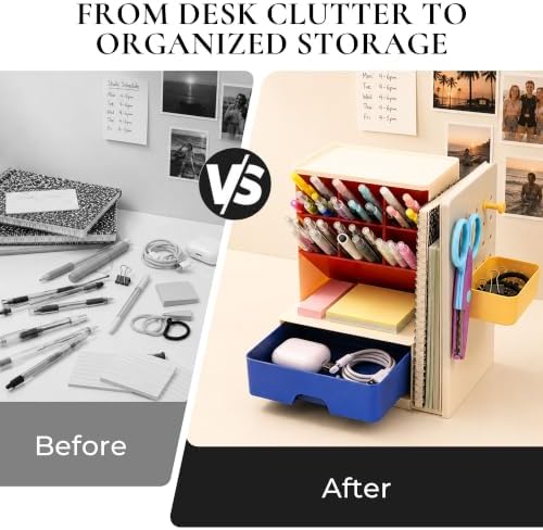Desk Organizer with Drawer, Pen Holder with Slanted Pen Grooves Color
