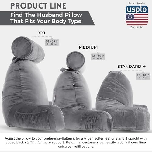 Husband Pillow XXL The Original for Adults - 30" Tall Backrest for Sitting Up in Bed - Firm Support Reading & Bed Rest Pillows for Adults, Neck Roll, Removable Cover - TV - Dark Grey