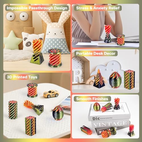 6 Packs Spiral Cone 3D Printed Fidget Toy Set, Flexible Impossible Cone Pyramid Passthrough Toys for Stress Relief, Desk Deco Relaxing for Kids Adults, Black&Cyan Gold + Gold&Red