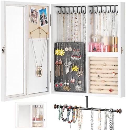 Keebofly Wall Jewelry Organizer Cabinet with Mirror,Rustic Wood Storage for Necklaces, Earrings, Bracelets & Rings, Large-Capacity Hanging Cabinet – White