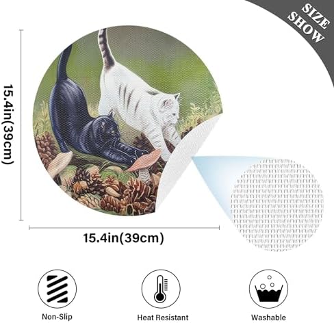 Round Placemats Cat Stretching Non-Slip Stain Heat Resistant Place Mats Washable Table Mats for Kitchen Dining Table Decor, Easy to Clean, Set of 6