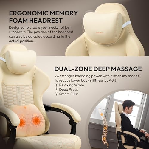 Dowinx Big & Tall Vintage Gaming Chair for Adults, 400 lb Capacity Heavy Duty Ergonomic Computer Chair with Massage Lumbar, Footrest & Easy Side Recline, Beige
