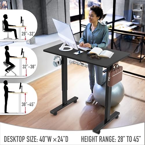 SHW Mobile Electric Height Adjustable Standing Desk w/Drawer, Black