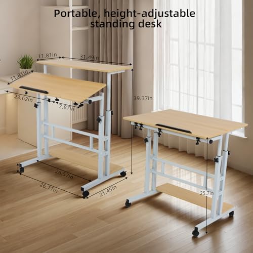 FAHKNS Small Standing Desk, Portable Stand Up Desk with Wheels, Adjustable Height Computer Desk for Home Reading Desk and Office Work