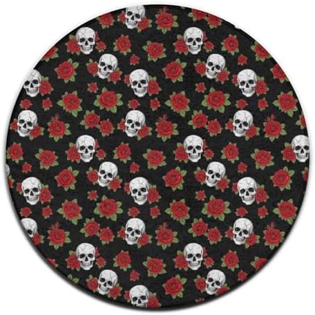 Large Machine Washable Circular Rugs, Home Decor Round Mat for Living Room Sofa Office Halloween Skulls Red Rose, 60inch