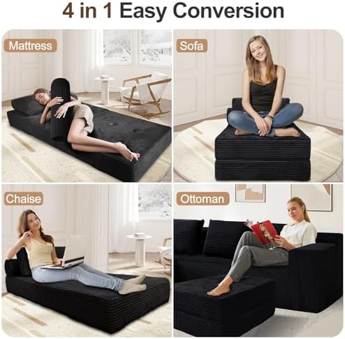 Nigoone Sofa Bed Futon, Versatile Foldable Sleeper Chair with Pillow, Supportive Memory Foam, Plush Corduroy Fabric, Cozy Floor Couch, Convertible Mattress for Bedroom/Living Room/Guest/Office, Black