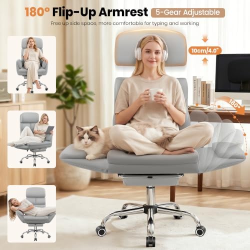 Big and Tall Leather Office Chair, Cross Legged Flip Arms, Gray