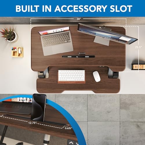 Mount-It! Electric Standing Desk Converter with 38" Tabletop, Height Adjustable Desk Riser, Motorized Desk Riser with Keyboard Tray and Device Slot, Fits Monitor & Laptop, Dark Walnut