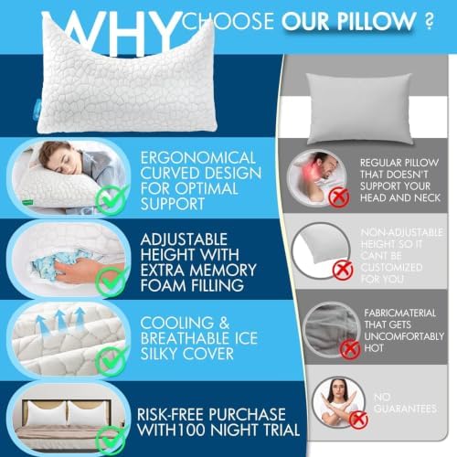 Side Sleeper Pillow for Neck and Shoulder Pain Relief, Cervical Neck Support Pillow for Side Sleepers, Cooling Shredded Memory Foam Pillows for Hot Back Sleepers, Adjustable Curved Queen Bed Pillows